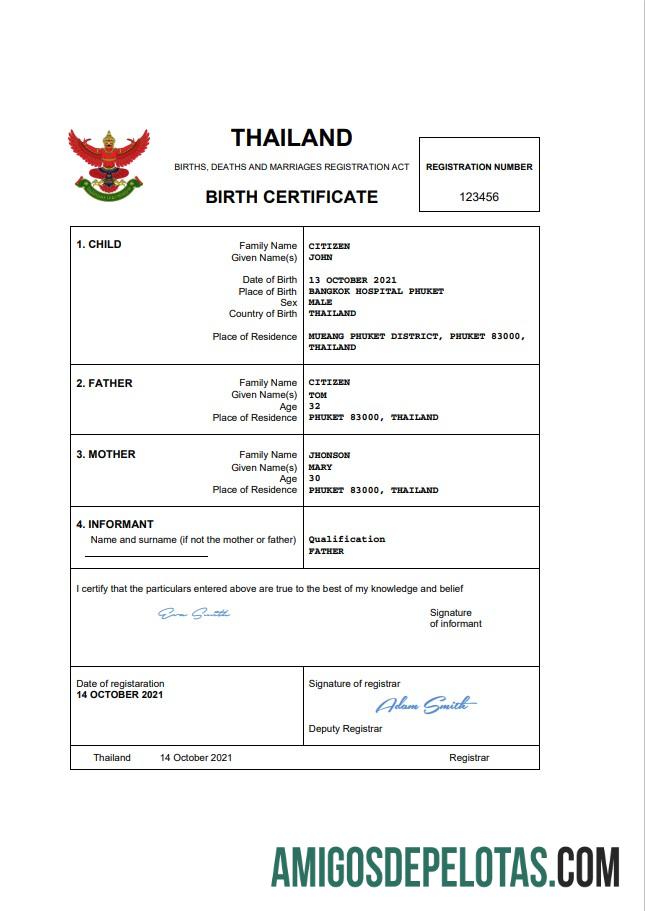 Para baixar modelo Word e PDF de certidão de nascimento de registro vital da Tailândia